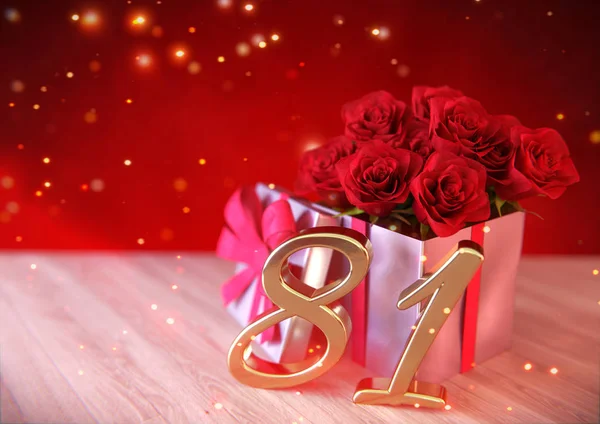 Conceito de aniversário com rosas vermelhas no presente na mesa de madeira. oitenta e um. Rua 81. Renderização 3D — Fotografia de Stock