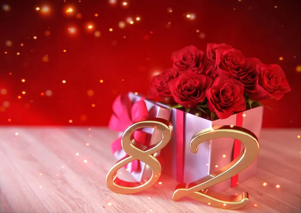 Geburtstagskonzept mit roten Rosen als Geschenk auf dem Holztisch. Zweiundachtzig. 82. 3D-Darstellung — Stockfoto