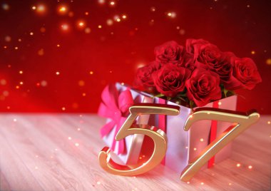 doğum günü hediye ahşap masa üzerinde kırmızı gül konseptiyle. elli yedinci. 57. 3d render