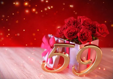 doğum günü hediye ahşap masa üzerinde kırmızı gül konseptiyle. elli-Ondokuz. 59. 3d render