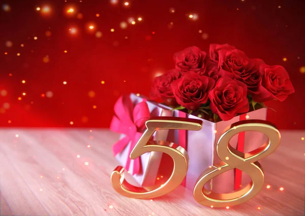 Narozenin koncept s červenými růžemi dárek na dřevěné desce. padesát-osmá. 58. 3d vykreslení — Stock fotografie