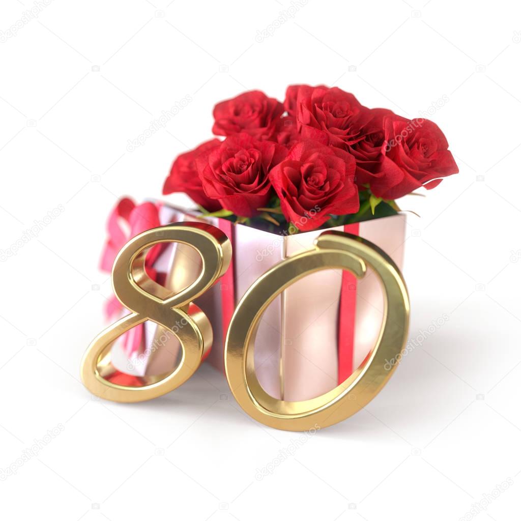 birthday concept with red roses in gift isolated on white background. eightieth. 80th. 3D render