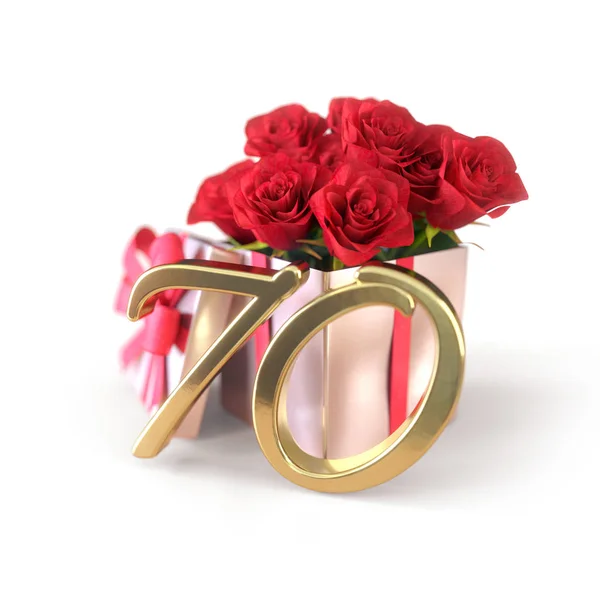 Γενέθλια ιδέα με κόκκινα τριαντάφυλλα σε δώρο που απομονώνονται σε λευκό φόντο. εβδομηκοστή. 70η. 3d καθιστούν — Φωτογραφία Αρχείου