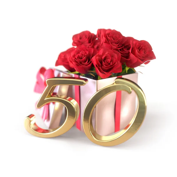 Conceito de aniversário com rosas vermelhas no presente isolado no fundo branco. Décimo quinto. 50. Renderização 3D — Fotografia de Stock