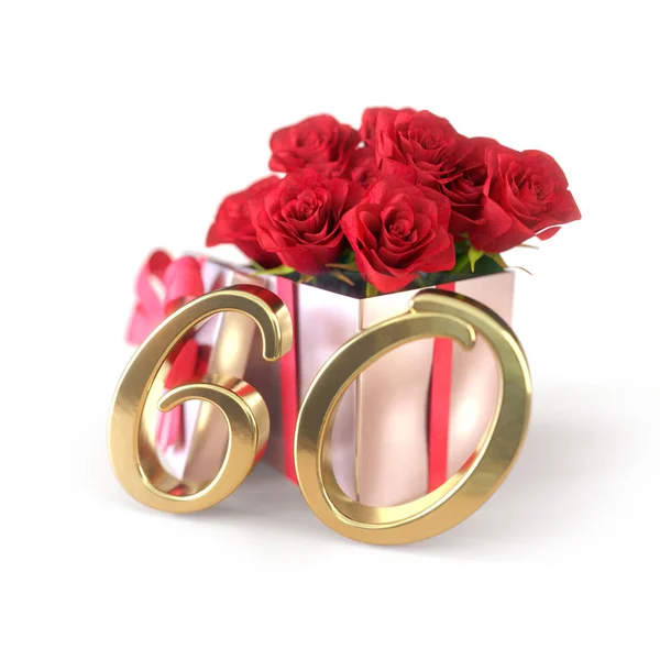 Conceito de aniversário com rosas vermelhas no presente isolado no fundo branco. sexagésimo. 60. Renderização 3D — Fotografia de Stock