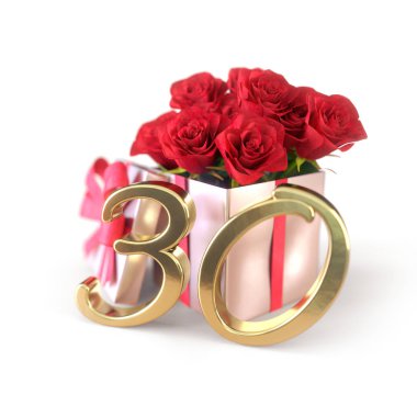 doğum günü hediye izole beyaz zemin üzerine kırmızı gül konseptiyle. Otuzuncu. 30. 3d render
