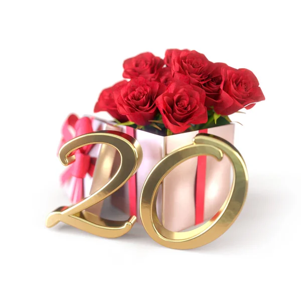 Concept d'anniversaire avec des roses rouges en cadeau isolé sur fond blanc. Vingtième. 20e. rendu 3D — Photo