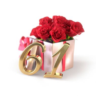 doğum günü hediye izole beyaz zemin üzerine kırmızı gül konseptiyle. altmış-ilk. 61. 3d render