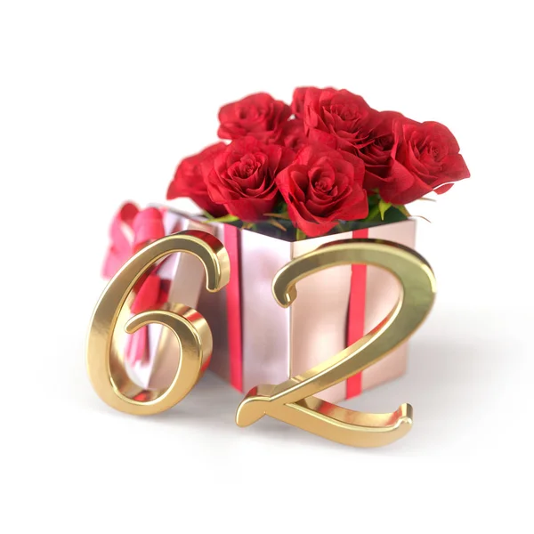 Concept d'anniversaire avec des roses rouges en cadeau isolé sur fond blanc. Soixante secondes. 62nd.3D rendu — Photo
