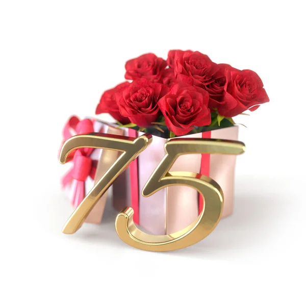 Concept d'anniversaire avec des roses rouges en cadeau isolé sur fond blanc. Soixante-quinze ans. 75e. rendu 3D — Photo