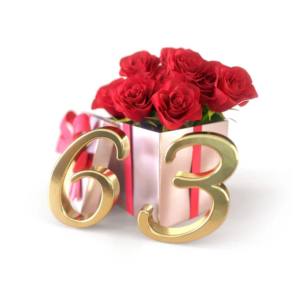 生日概念与红色玫瑰在白色背景上孤立的礼物。六十三。63.3d 渲染 — 图库照片
