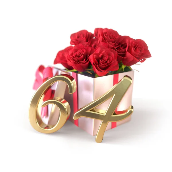 Concepto de cumpleaños con rosas rojas en regalo aislado sobre fondo blanco. Sesenta y cuatro. 64th.3D render —  Fotos de Stock