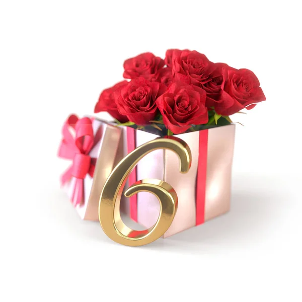 Concepto de cumpleaños con rosas rojas en regalo aislado sobre fondo blanco. Sexto. Sexto. Renderizado 3D —  Fotos de Stock