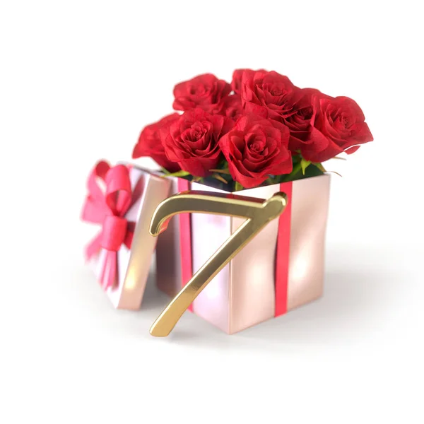 Concetto di compleanno con rose rosse in regalo isolato su sfondo bianco. Settimo. Settimo. Rendering 3D — Foto Stock