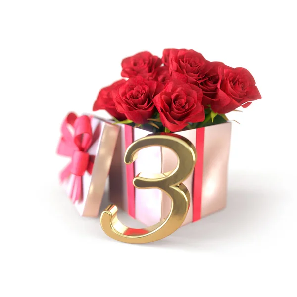 生日概念与红色玫瑰在白色背景上孤立的礼物。第三个。3.3d 渲染 — 图库照片