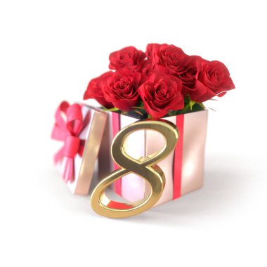 doğum günü hediye izole beyaz zemin üzerine kırmızı gül konseptiyle. 8. 8. 3d render