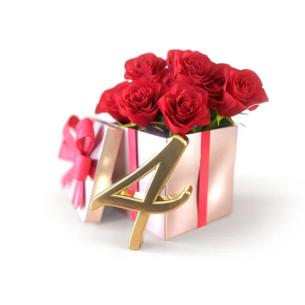 Concept d'anniversaire avec des roses rouges en cadeau isolé sur fond blanc. quatrième. 4ème. rendu 3D — Photo
