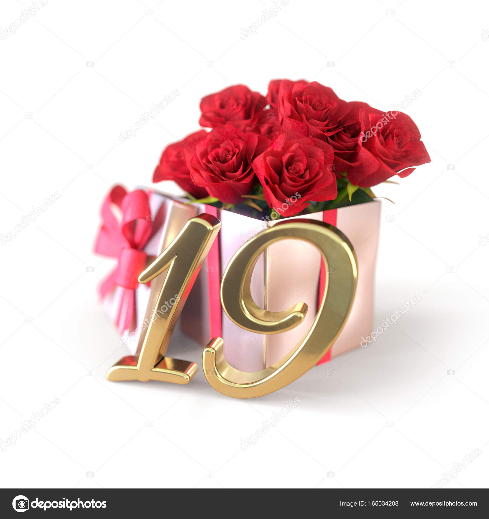 Birthday concept with red roses in gift isolated on white background.  nineteenth. 19th. 3D render Stock Photo by ©m3ron 165034208