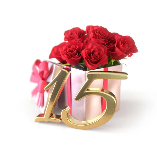 Concepto de cumpleaños con rosas rojas en regalo aislado sobre fondo blanco. Decimoquinta. 15. Renderizado 3D —  Fotos de Stock