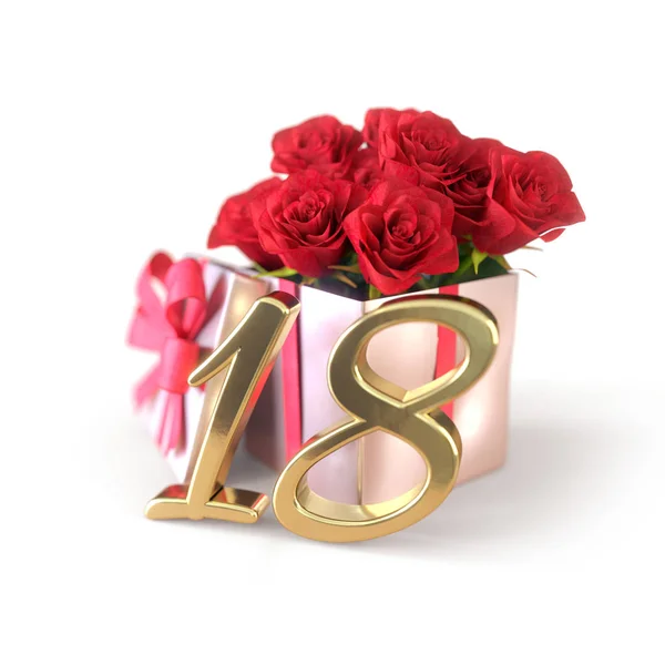 Concetto di compleanno con rose rosse in regalo isolato su sfondo bianco. Diciotto. rendering 18th.3D — Foto Stock