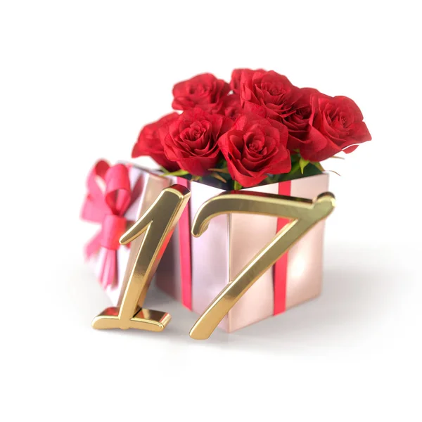 Concept d'anniversaire avec des roses rouges en cadeau isolé sur fond blanc. Dix-septième. 17e. rendu 3D — Photo
