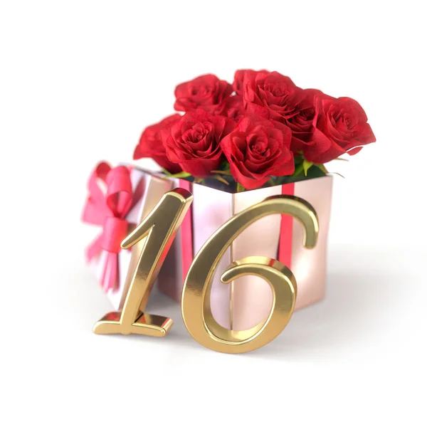 День рождения концепции с красными розами в подарок изолированы на белом фоне. шестнадцатое. 16-е. 3D рендеринг — стоковое фото