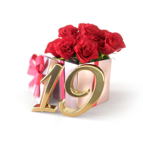 生日概念与红色玫瑰在白色背景上孤立的礼物。第十九届。19.3d 渲染 — 图库照片