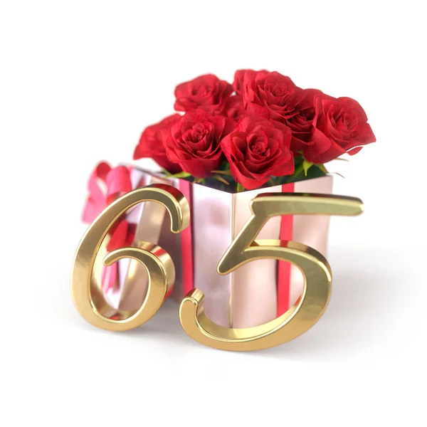 Concepto de cumpleaños con rosas rojas en regalo aislado sobre fondo blanco. Sesenta y cinco. 65. Renderizado 3D —  Fotos de Stock