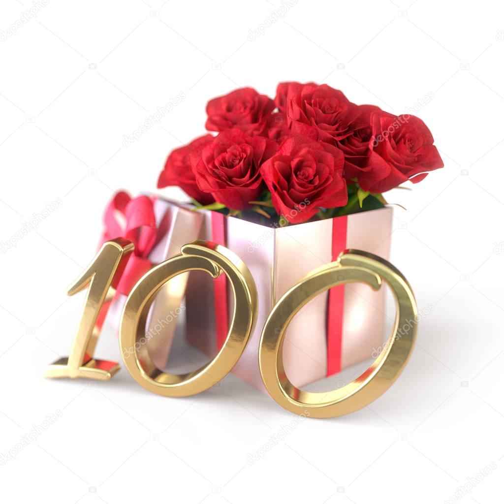 birthday concept with red roses in gift isolated on white background. hundredth. 100th. 3D render