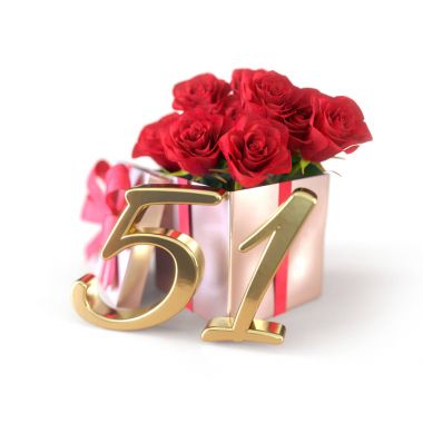 doğum günü hediye izole beyaz zemin üzerine kırmızı gül konseptiyle. elli-ilk. 51. 3d render