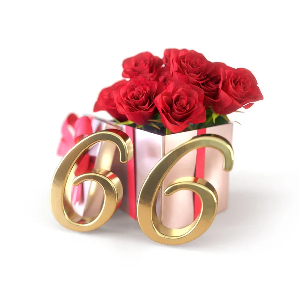 Geburtstags-Konzept mit roten Rosen in Geschenk isoliert auf weißem Hintergrund. Sechsundsechzig. 66. 3D-Darstellung — Stockfoto