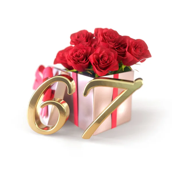 Conceito de aniversário com rosas vermelhas no presente isolado no fundo branco. Sessenta e sete. Renderização 67th.3D — Fotografia de Stock