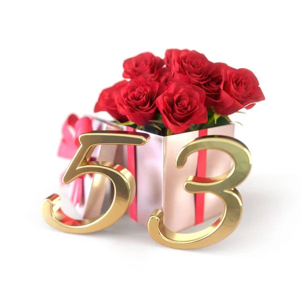 Concept d'anniversaire avec des roses rouges en cadeau isolé sur fond blanc. Cinquante-troisième. 53ème. rendu 3D — Photo