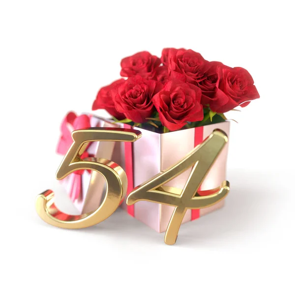 Conceito de aniversário com rosas vermelhas no presente isolado no fundo branco. Cinquenta e quatro. Rua 54. Renderização 3D — Fotografia de Stock