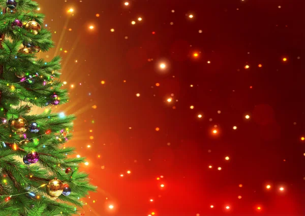 Albero di Natale decorato su sfondo rosso bokeh. Illustrazione 3D — Foto Stock