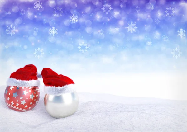 Christmas balls with santa red hat on bokeh background. 3D render — Stock Photo, Image