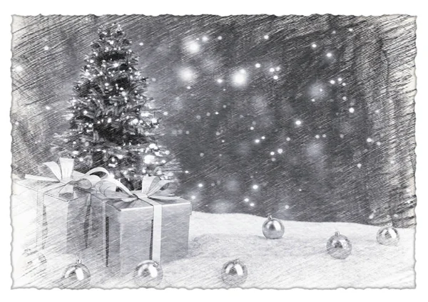 Árbol de Navidad y regalos en nieve sobre fondo bokeh retro. Ilustración 3D —  Fotos de Stock