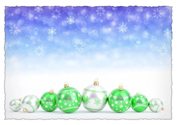 Зелені різдвяні кульки на синьому фоні боке зі сніжинками. 3D ілюстрація — стокове фото