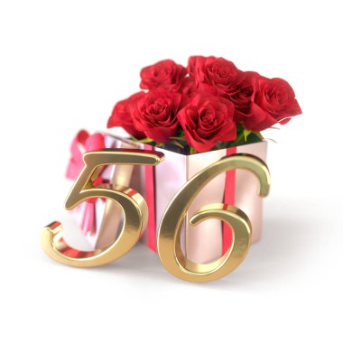 doğum günü hediye izole beyaz zemin üzerine kırmızı gül konseptiyle. elli altıncı. 56. 3d render