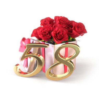 doğum günü hediye izole beyaz zemin üzerine kırmızı gül konseptiyle. elli sekizde. 58. 3d render