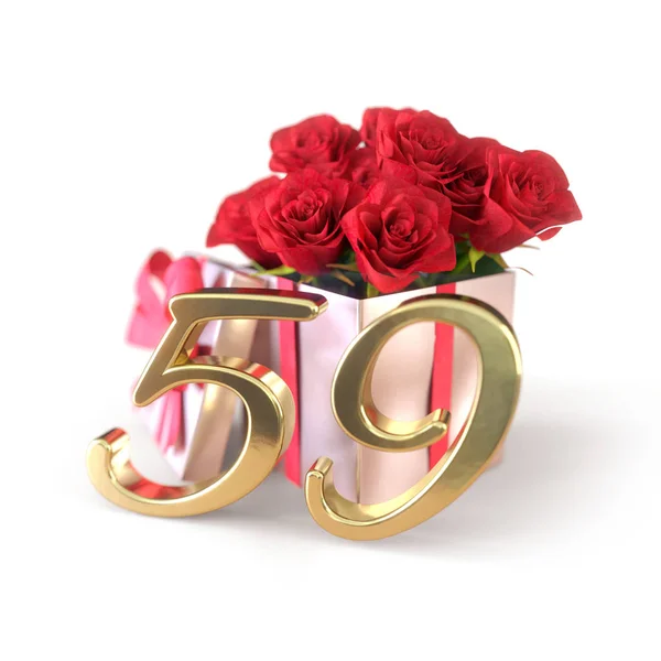 Concetto di compleanno con rose rosse in regalo isolato su sfondo bianco. Cinquantanovesimo. 59esima. Rendering 3D — Foto Stock