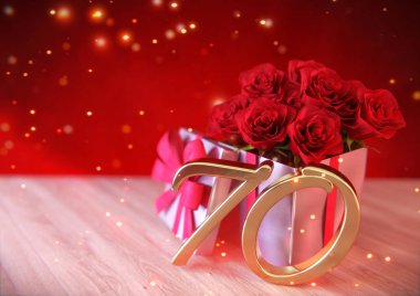 doğum günü hediye ahşap masa üzerinde kırmızı gül konseptiyle. seventieth. 70. 3d render