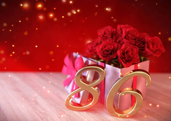 День рождения с красными розами в подарок на деревянном столе. восемьдесят шестой. 86-й. 3D рендеринг — стоковое фото