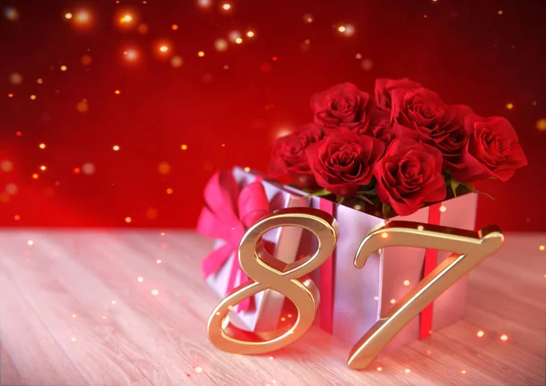 나무 책상에 선물에 빨간 장미 생일 개념. 80-7. 87. 3d 렌더링 — 스톡 사진