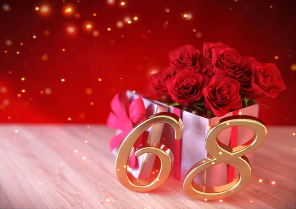 doğum günü hediye ahşap masa üzerinde kırmızı gül konseptiyle. altmış-sekizinci. 68. 3d render