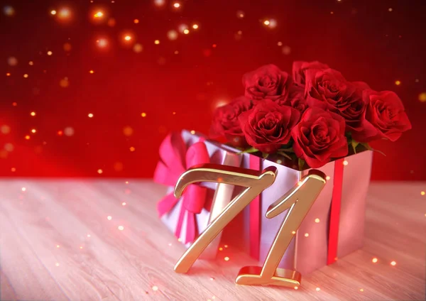 Concetto di compleanno con rose rosse in regalo sulla scrivania di legno. Settantunesimo. 71. Rendering 3D — Foto Stock