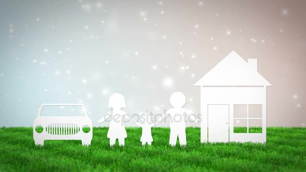 Famiglia di carta con casa e auto su sfondo bokeh. Animazione rendering 3D — Video Stock