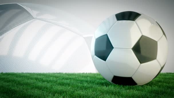 Balón de fútbol brillante giratorio en el campo de hierba - lazo sin costuras — Vídeos de Stock