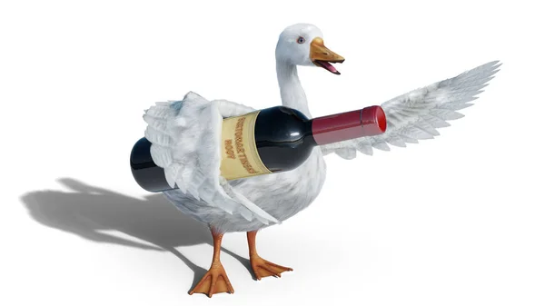 St. Martins ganso detém garrafa de vinho isolado em branco renderização 3D — Fotografia de Stock