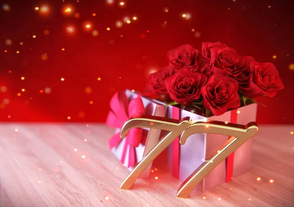 Concepto de cumpleaños con rosas rojas en regalo en escritorio de madera. Setenta y siete. 77. Renderizado 3D —  Fotos de Stock